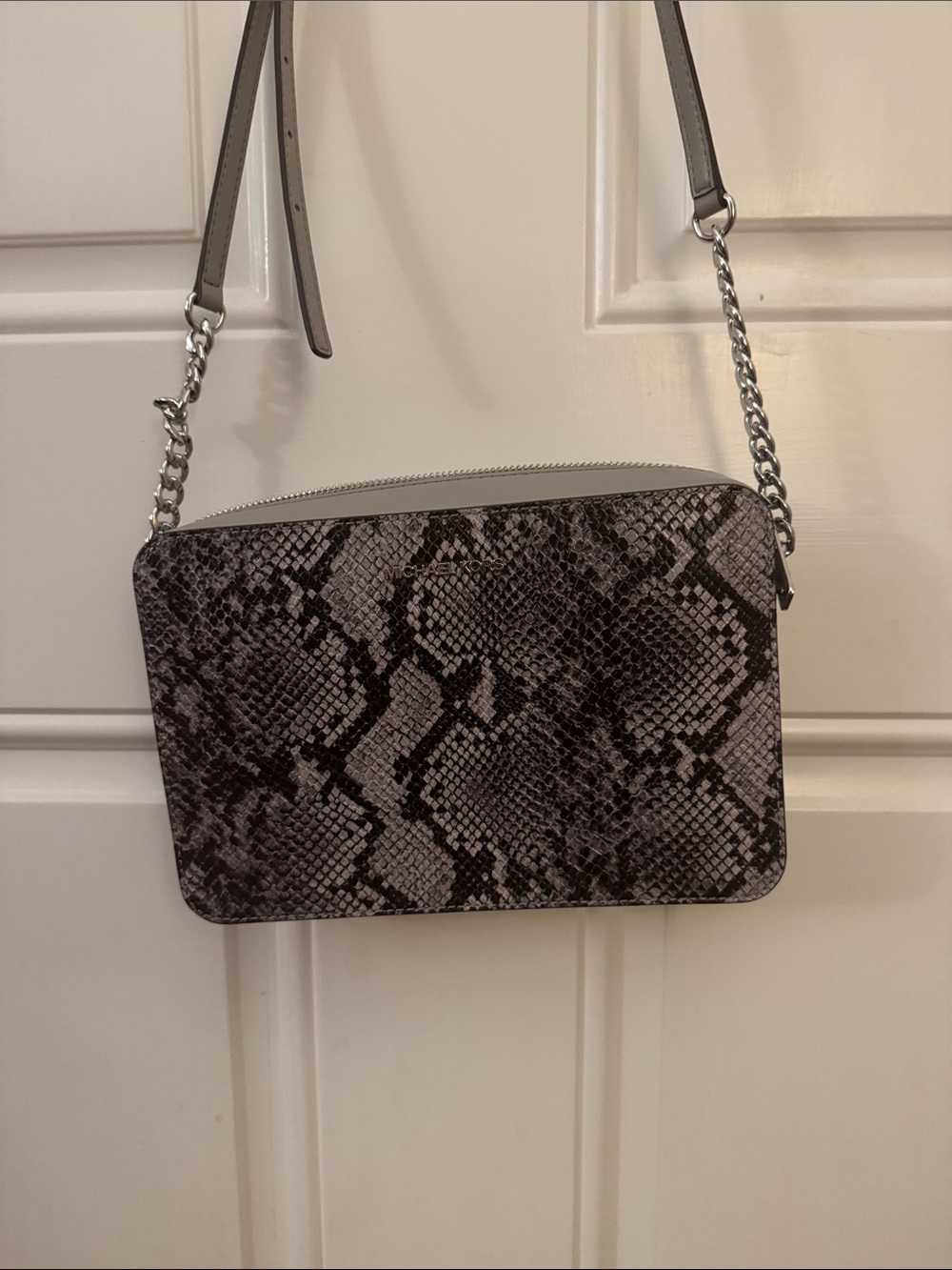 Michael Kors Grey Snake-Print Crossbody with Chain Strap